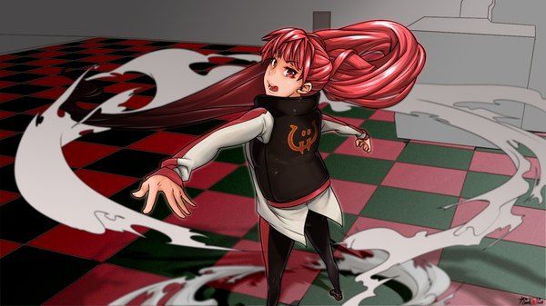 Anime picture 1920x1080 with original caooll (co-ohol) single highres open mouth red eyes wide image ponytail red hair very long hair looking back from behind spread arms checkered floor floor girl clothes