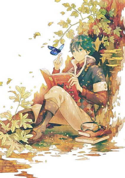 Anime picture 703x1000 with original ame (conronca) single tall image short hair blue eyes sitting blue hair butterfly on hand boy plant (plants) tree (trees) boots book (books) insect butterfly goggles