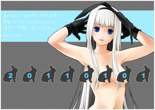 Anime picture 1771x1254 with original ahira yuzu single long hair highres breasts blue eyes light erotic white hair girl gloves