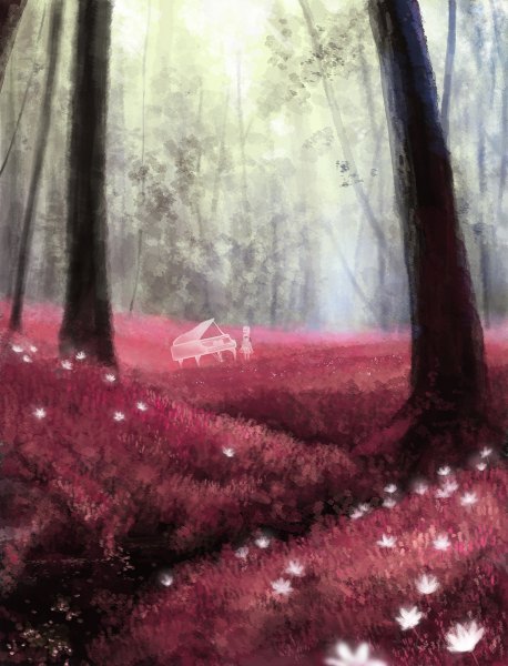 Anime picture 915x1200 with original ame (pixiv) single tall image short hair standing looking away sunlight transparent girl flower (flowers) bow plant (plants) tree (trees) grass forest musical instrument piano