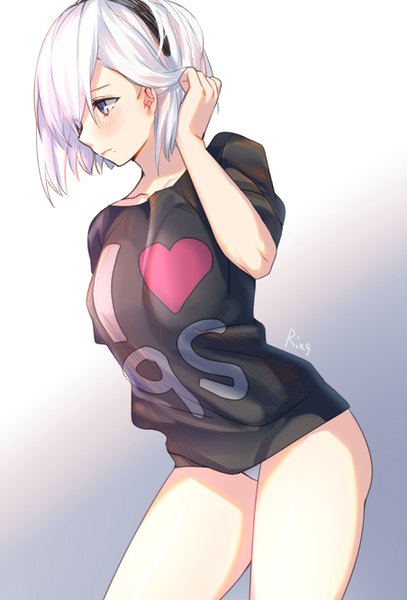 Anime picture 1807x2664 with nier nier:automata yorha no. 2 type b aki663 single tall image blush fringe highres short hair breasts blue eyes light erotic simple background large breasts standing holding signed looking away upper body