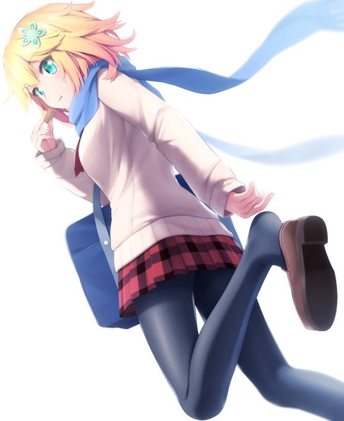 Anime picture 735x900 with gabriel dropout doga kobo chisaki tapris sugarbell haribote (tarao) single tall image short hair blonde hair simple background white background bent knee (knees) pleated skirt looking back aqua eyes from below eating girl skirt uniform hair ornament