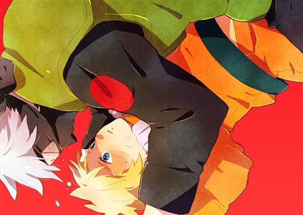 Anime picture 1100x780 with naruto studio pierrot naruto (series) uzumaki naruto hatake kakashi nomomomomomomo short hair blue eyes blonde hair facial mark red background whisker markings jinchuriki bandana