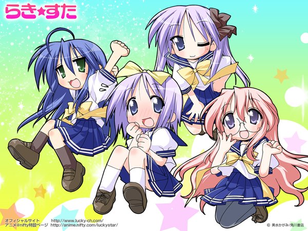 Anime picture 1024x768 with lucky star kyoto animation izumi konata hiiragi kagami hiiragi tsukasa takara miyuki yoshimizu kagami long hair blush short hair twintails purple eyes green eyes blue hair pink hair purple hair one eye closed wink chibi girl