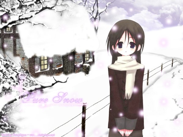 Anime picture 1280x960 with shiro (octet) thuyngoc single long hair looking at viewer fringe hair between eyes brown hair purple eyes signed outdoors long sleeves sleeves past wrists snowing winter snow third-party edit bare tree girl plant (plants)