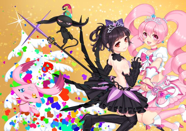 Anime picture 1280x907 with six hearts princess black princess teiue tamaki pink princess hani haruka briska long hair short hair black hair red eyes twintails bare shoulders multiple girls pink hair pink eyes drill hair girl dress gloves bow