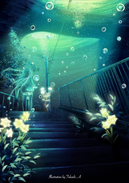 Anime picture 848x1200 with original araki takashi single long hair tall image standing signed pleated skirt green hair from behind from below underwater glow girl thighhighs skirt flower (flowers) black thighhighs plant (plants) tree (trees)