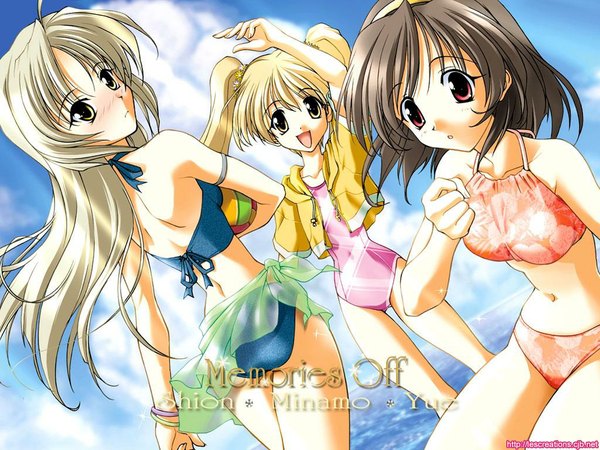 Anime picture 1024x768 with memories off futami shion imasaka yue sasaki mutsumi blush swimsuit bikini ibuki minamo