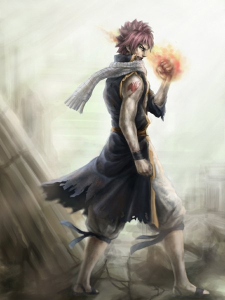 Anime picture 768x1024 with fairy tail natsu dragneel penator (artist) single tall image looking at viewer short hair bare shoulders pink hair profile tattoo torn clothes boy scarf fire fist