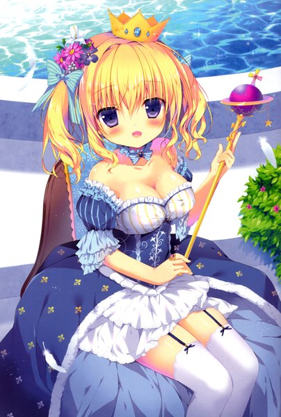 Anime picture 4691x6963 with original miyasaka miyu single long hair tall image looking at viewer blush highres open mouth light erotic blonde hair twintails purple eyes absurdres girl thighhighs dress bow hair bow white thighhighs