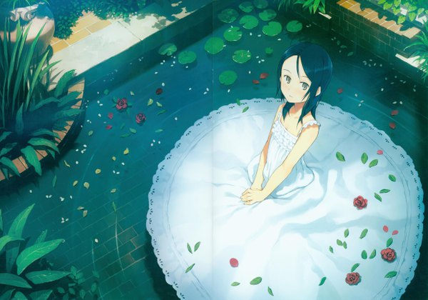 Anime picture 4940x3463 with original tnk (yoshida seiji) - fleurette yoshida seiji single long hair blush fringe highres black hair sitting bare shoulders brown eyes absurdres from above scan partially submerged flat chest looking up crease girl