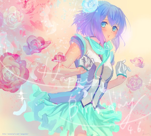 Anime picture 800x720 with vocaloid aoki lapis yamakawa umi single blush fringe short hair blue eyes looking away purple hair hair flower sparkle dated happy birthday girl skirt gloves flower (flowers) white gloves scarf