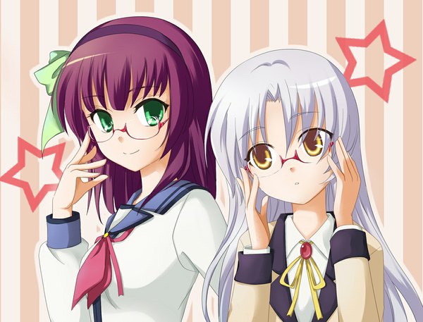 Anime picture 1181x901 with angel beats! key (studio) tachibana kanade nakamura yuri sun trial long hair simple background smile multiple girls brown eyes green eyes pink hair white hair striped adjusting glasses striped background bespectacled girl uniform 2 girls