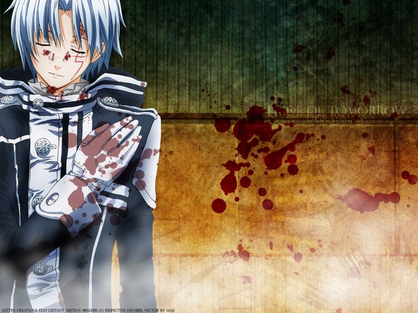 Anime picture 1600x1200 with d.gray-man allen walker hoshino katsura maji (minitokyo) single short hair signed white hair eyes closed copyright name third-party edit blood on face boy gloves white gloves blood