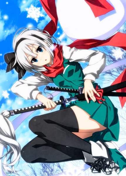 Anime picture 800x1119 with touhou konpaku youmu myon sazanami mio single tall image looking at viewer fringe short hair blue eyes hair between eyes sky silver hair cloud (clouds) full body outdoors wind from below dutch angle depth of field
