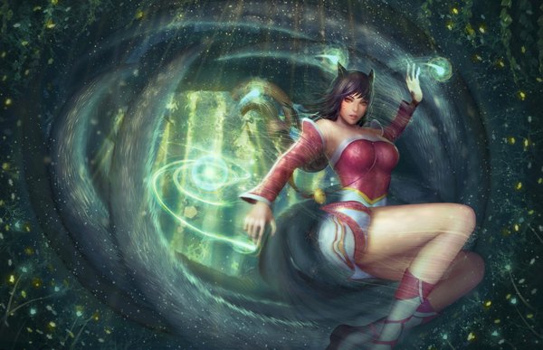 Anime picture 2303x1489 with league of legends ahri (league of legends) nathan qiu single long hair looking at viewer highres breasts open mouth black hair animal ears tail animal tail orange eyes magic fox girl multiple tails girl detached sleeves clothes