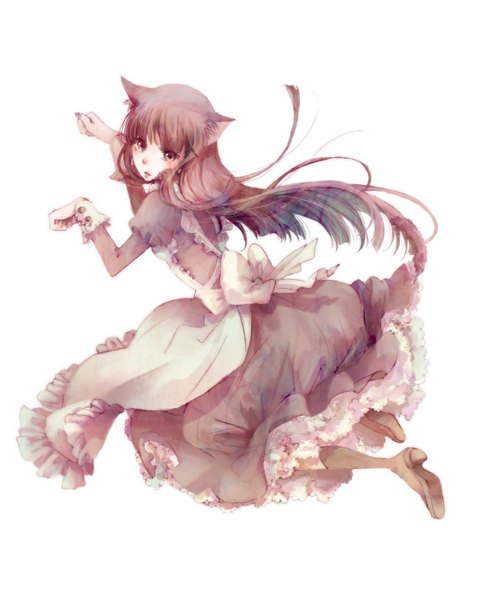 Anime picture 848x1050 with kimi ni todoke production i.g kuronuma sawako xuefen single long hair tall image looking at viewer fringe simple background brown hair white background animal ears cat ears maid grey eyes kemonomimi mode weightlessness paw pose girl