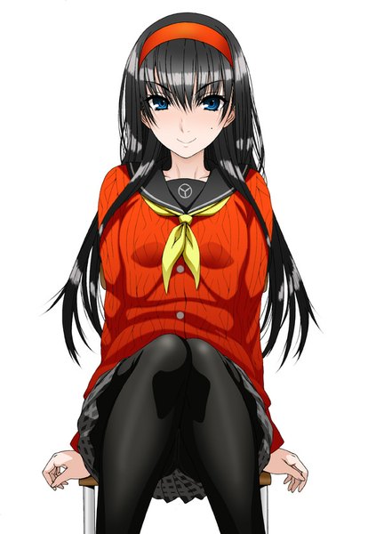 Anime picture 590x836 with persona 4 persona amagi yukiko isse single long hair tall image looking at viewer fringe blue eyes light erotic black hair simple background white background sitting bent knee (knees) pleated skirt mole pantyshot embarrassed