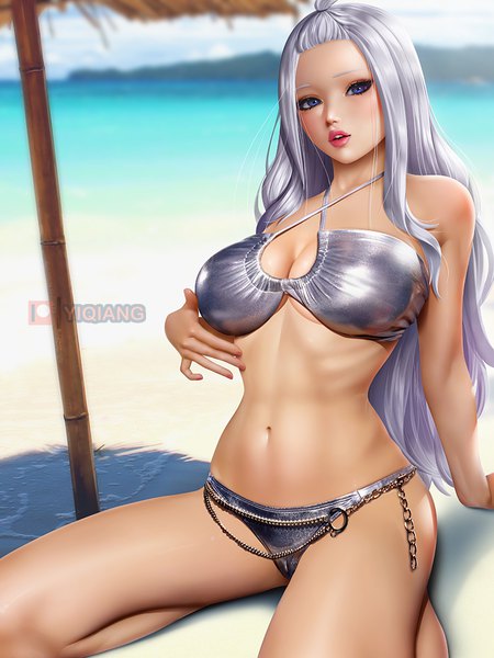 Anime picture 768x1024 with fairy tail mirajane strauss yi qiang single long hair tall image looking at viewer breasts open mouth blue eyes light erotic large breasts sitting outdoors white hair lips realistic arm support beach watermark