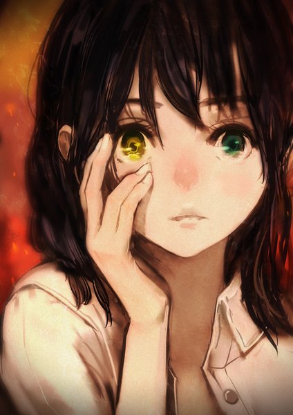 Anime picture 2480x3508 with original okuto single long hair tall image looking at viewer fringe highres black hair green eyes yellow eyes lips heterochromia portrait open collar hand on face girl shirt white shirt sparks
