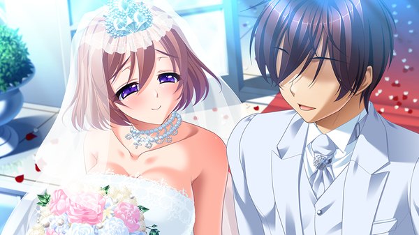 Anime picture 1024x576 with silicon magic iruma sumire (silicon magic) short hair smile brown hair wide image purple eyes game cg couple girl dress boy flower (flowers) wedding dress