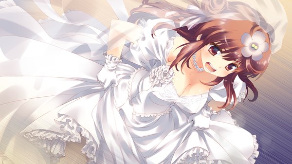 Anime picture 1280x720 with hoshi no ouji-kun amanatsu purin qp:flapper long hair breasts open mouth light erotic brown hair wide image brown eyes game cg hair flower girl dress gloves hair ornament jewelry wedding dress veil