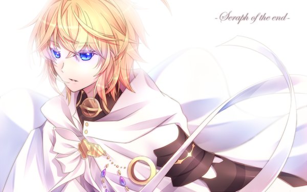 Anime picture 1600x1000 with owari no seraph wit studio hyakuya mikaela kawasaki toiro single fringe short hair blue eyes simple background blonde hair hair between eyes white background looking away upper body ahoge parted lips from above wind fang (fangs) copyright name