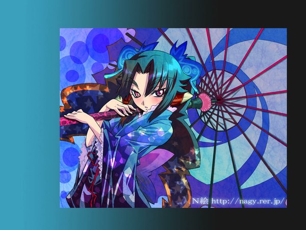 Anime picture 1024x768 with original red eyes blue hair japanese clothes kimono umbrella nagy