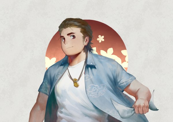 Anime picture 1272x900 with ano hi mita hana no namae wo bokutachi wa mada shiranai a-1 pictures hisakawa tetsudou gharne single short hair red eyes brown hair looking away upper body light smile grey background open shirt fat boy shirt pendant hawaiian shirt