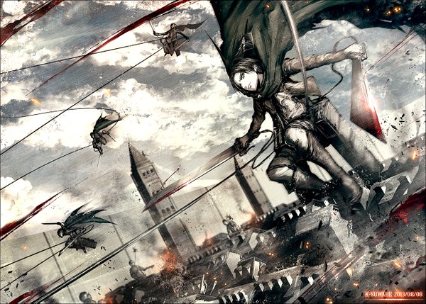 Anime picture 1302x931 with shingeki no kyojin production i.g levi (rivaille) kei-suwabe short hair black hair sky cloud (clouds) city boy weapon sword jacket belt thigh strap building (buildings) blood cape knee boots wall