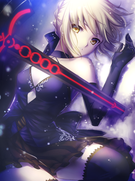 Anime picture 800x1067 with fate (series) fate/stay night type-moon artoria pendragon (all) saber saber alter mitsutani single tall image looking at viewer fringe breasts blonde hair bare shoulders yellow eyes cleavage lying parted lips sleeveless on side