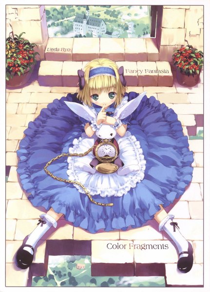 Anime picture 1083x1506 with alice in wonderland alice (wonderland) white rabbit ueda ryou tall image blush short hair blonde hair smile sitting green eyes scan short sleeves spread legs puffy sleeves finger to mouth lolita fashion weightlessness sitting on person brick wall