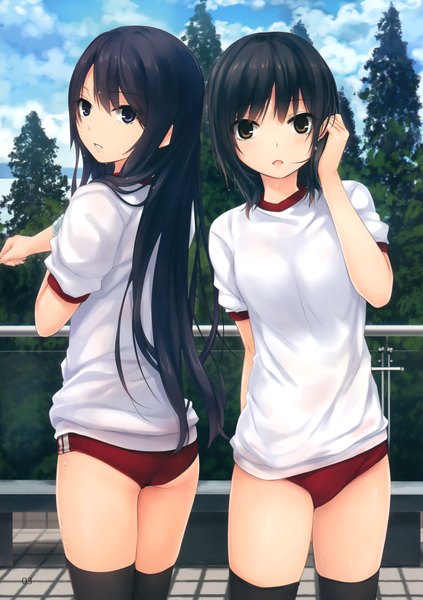 Anime picture 2326x3300 with original aoyama sumika shiramine rika coffee-kizoku long hair tall image looking at viewer highres short hair open mouth blue eyes light erotic black hair multiple girls brown eyes scan girl thighhighs uniform black thighhighs