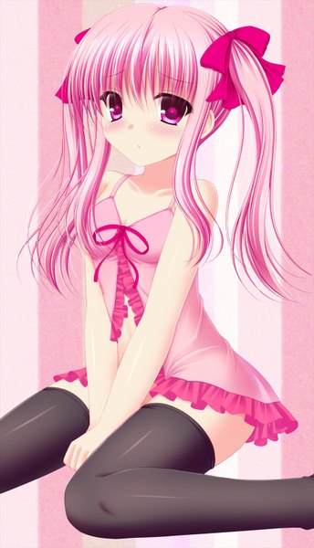 Anime picture 924x1612 with original shimotsuki keisuke single long hair tall image looking at viewer blush light erotic purple eyes twintails pink hair girl thighhighs bow black thighhighs hair bow nightie