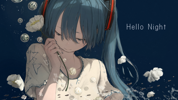 Anime picture 2458x1382 with vocaloid hatsune miku yushika single long hair fringe highres hair between eyes wide image twintails aqua eyes light smile aqua hair text looking down dark background girl flower (flowers) bubble (bubbles)