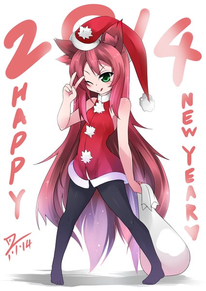 Anime picture 750x1059 with league of legends lulu (league of legends) deksodba (artist) single tall image blush simple background smile white background green eyes animal ears red hair very long hair one eye closed wink new year happy new year 2014 girl hat