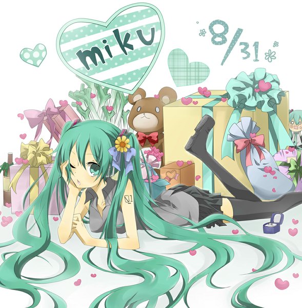 Anime picture 1000x1019 with vocaloid hatsune miku shirako miso tall image twintails lying very long hair one eye closed aqua eyes wink aqua hair dated chin rest girl thighhighs skirt hair ornament black thighhighs miniskirt heart