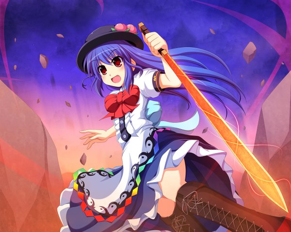 Anime picture 1280x1024 with touhou hinanawi tenshi cross (crossryou) single long hair open mouth red eyes blue hair lacing girl dress bow weapon hat sword boots