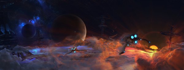 Anime picture 1800x692 with original kamikaye (artist) highres wide image cloud (clouds) sunlight evening light sunset landscape scenic space science fiction star (stars) sun planet spacecraft