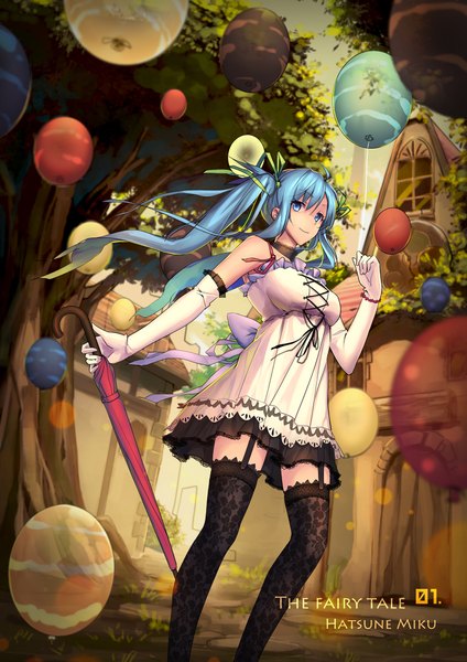 Anime picture 1500x2122 with vocaloid hatsune miku erkelee single long hair tall image looking at viewer blush smile twintails bare shoulders aqua eyes aqua hair closed umbrella girl thighhighs dress gloves ribbon (ribbons) black thighhighs