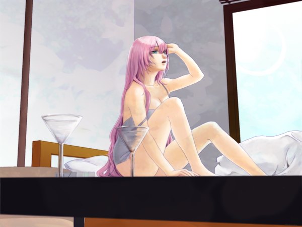 Anime picture 1600x1200 with vocaloid megurine luka single long hair open mouth light erotic bare shoulders pink hair cleavage barefoot aqua eyes girl bed