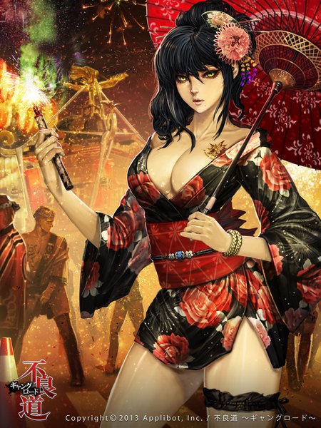 Anime picture 1600x2133 with furyou michi ~gang road~ original xaxak long hair tall image looking at viewer blush breasts open mouth light erotic black hair bare shoulders yellow eyes cleavage japanese clothes lips inscription tattoo girl hair ornament