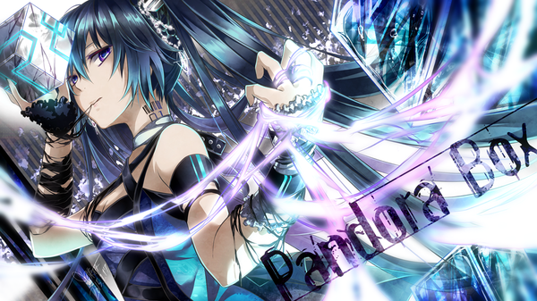 Anime picture 1400x788 with vocaloid hatsune miku tyouya long hair wide image twintails purple eyes bare shoulders blue hair girl barcode cube