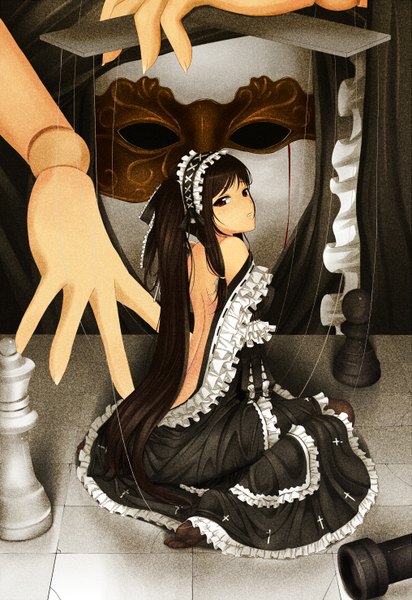 Anime picture 2031x2952 with vocaloid zatsune miku liuli (llc) long hair tall image highres black hair red eyes looking back back gothic girl dress hair ornament mask hands doll (dolls) chess