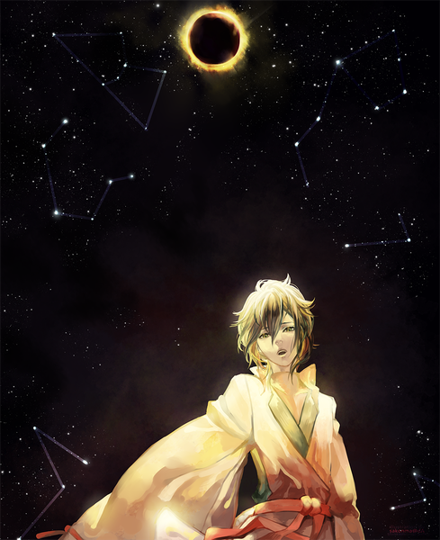Anime picture 1000x1226 with shin sekai yori a-1 pictures aonuma shun shinkami single tall image looking at viewer open mouth black hair blonde hair traditional clothes multicolored hair black eyes night two-tone hair night sky constellation eclipse boy star (stars)