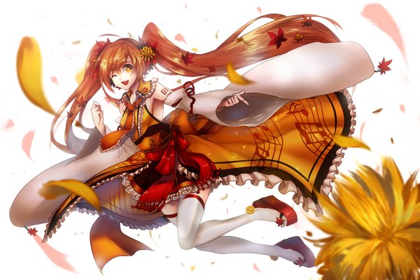 Anime picture 1600x1067 with vocaloid hatsune miku lutherum single long hair open mouth white background twintails traditional clothes one eye closed wink orange hair orange eyes girl thighhighs flower (flowers) detached sleeves petals white thighhighs necktie
