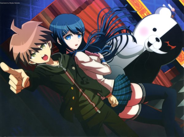 Anime picture 4037x3010 with dangan ronpa monokuma maizono sayaka naegi makoto long hair highres short hair open mouth blue eyes brown hair yellow eyes blue hair absurdres scan zettai ryouiki pointing girl thighhighs boy skirt