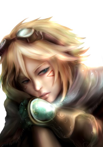 Anime picture 1400x2000 with league of legends ezreal (league of legends) zhang xiao bo single tall image looking at viewer short hair blue eyes blonde hair simple background white background boy gloves goggles