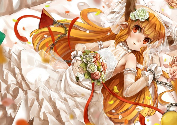 Anime picture 1980x1398 with touhou ibuki suika nishiuri (artist) single long hair highres blonde hair red eyes lying hair flower horn (horns) from above pointy ears looking up wedding girl dress hair ornament flower (flowers) ribbon (ribbons)