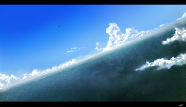 Anime picture 1501x864 with nobusnow (artist) single long hair wide image signed sky cloud (clouds) flying landscape girl water sea